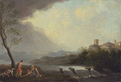 Eine imaginäre italienische Landschaft mit klassischen Figuren und einem Wasserfall von Thomas Jones